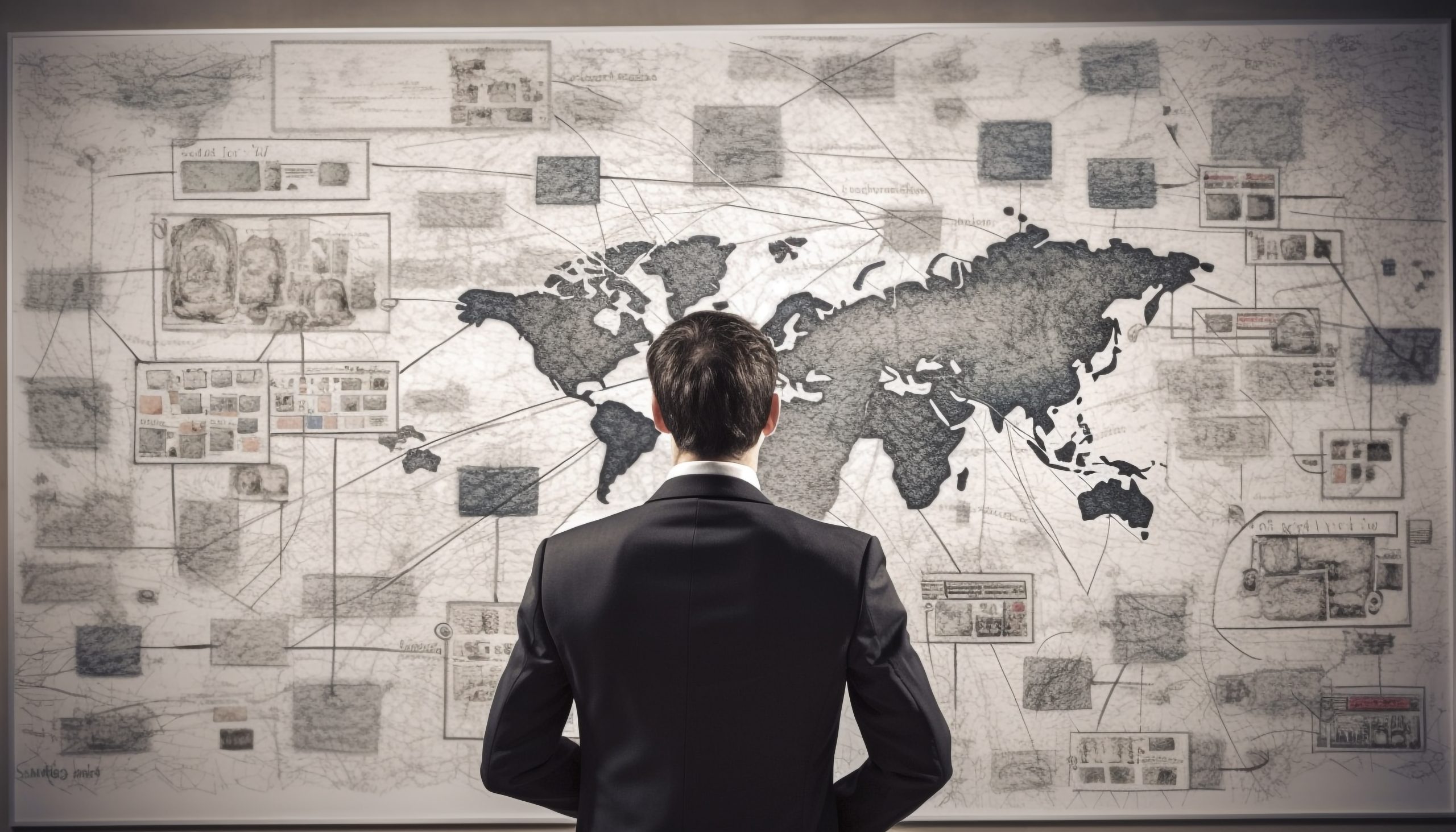 Young businessman standing, holding world map chart generated by AI